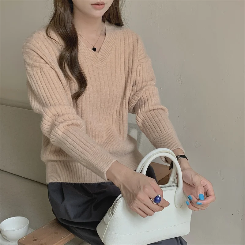 FINEWORDS зимний винтажный вязаный свитер с v-образным вырезом корейский мягкий