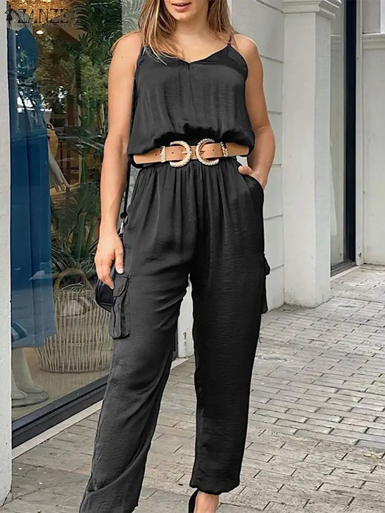 

Fashion Holiday V Neck Cargo Overalls ZANZEA Sleeveless Maxi Rompers Women 2022 Summer Jumpsuit Casual Solid High Waist Playsuit