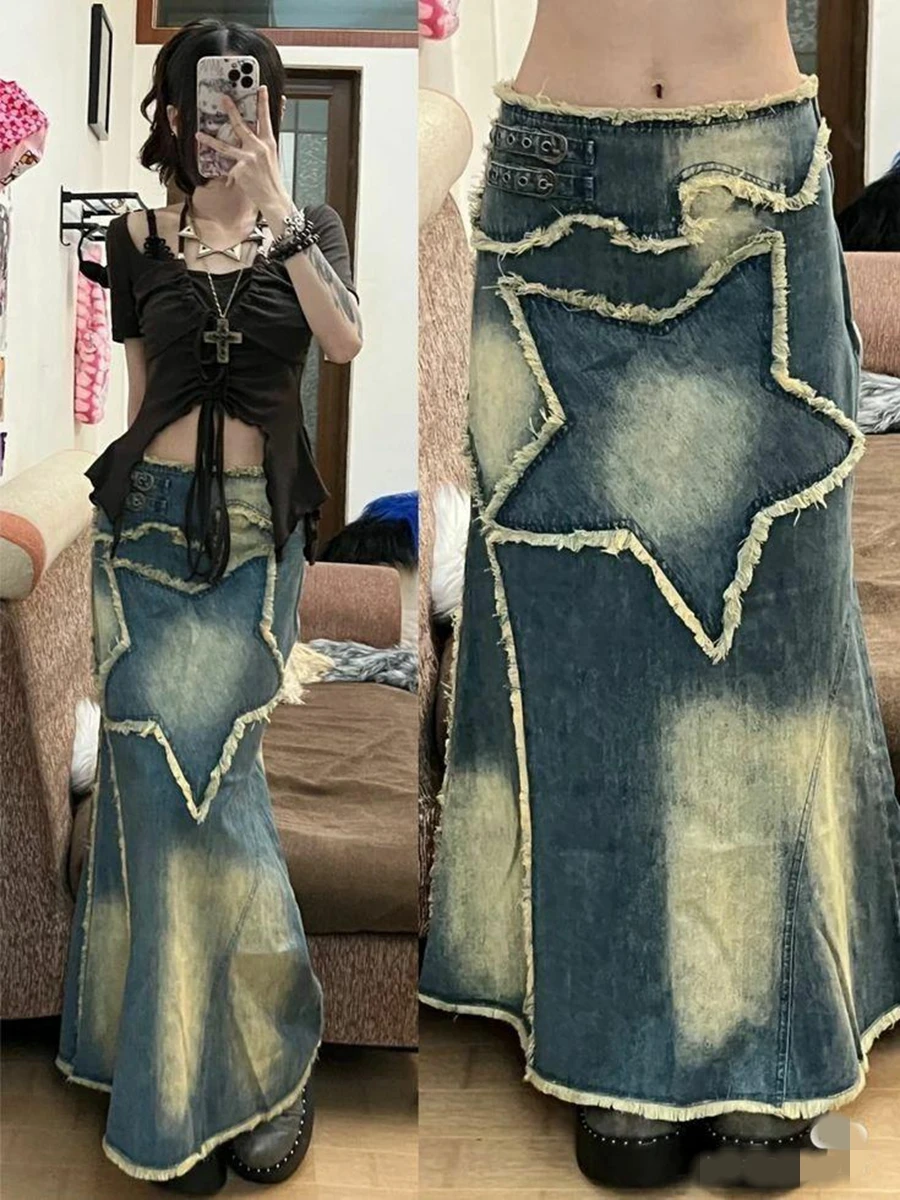 

HEZIOWYUN Y2K Fairy Women Denim Mermaid Long Skirts Vintage Style Star Patchwork High-Waist Ripped Casual Outfits Streetwear