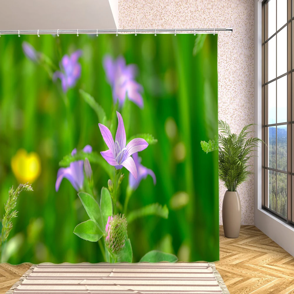 

Green Plant Floral Shower Curtains Spring Watercolor Flowers Natural Garden Scenery Bathroom Waterproof with Hooks Bath Screen