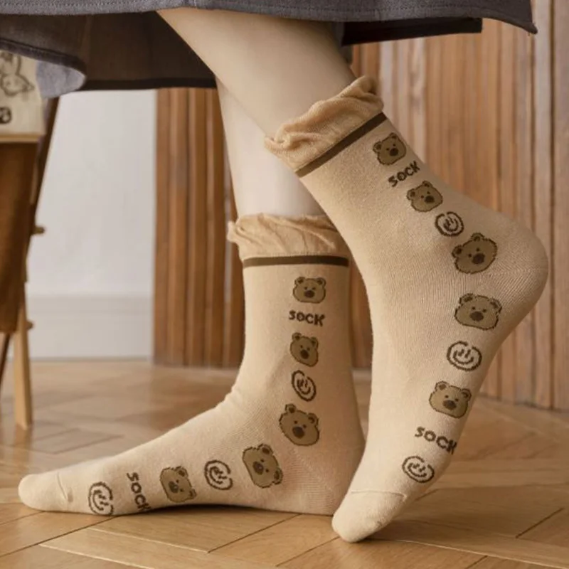 5 Pair Animal Embroidery Winter Socks Women Cartoon Brown Bear Print Cotton Long Socks Vintage Crimping Kawaii Middle Tube Lady