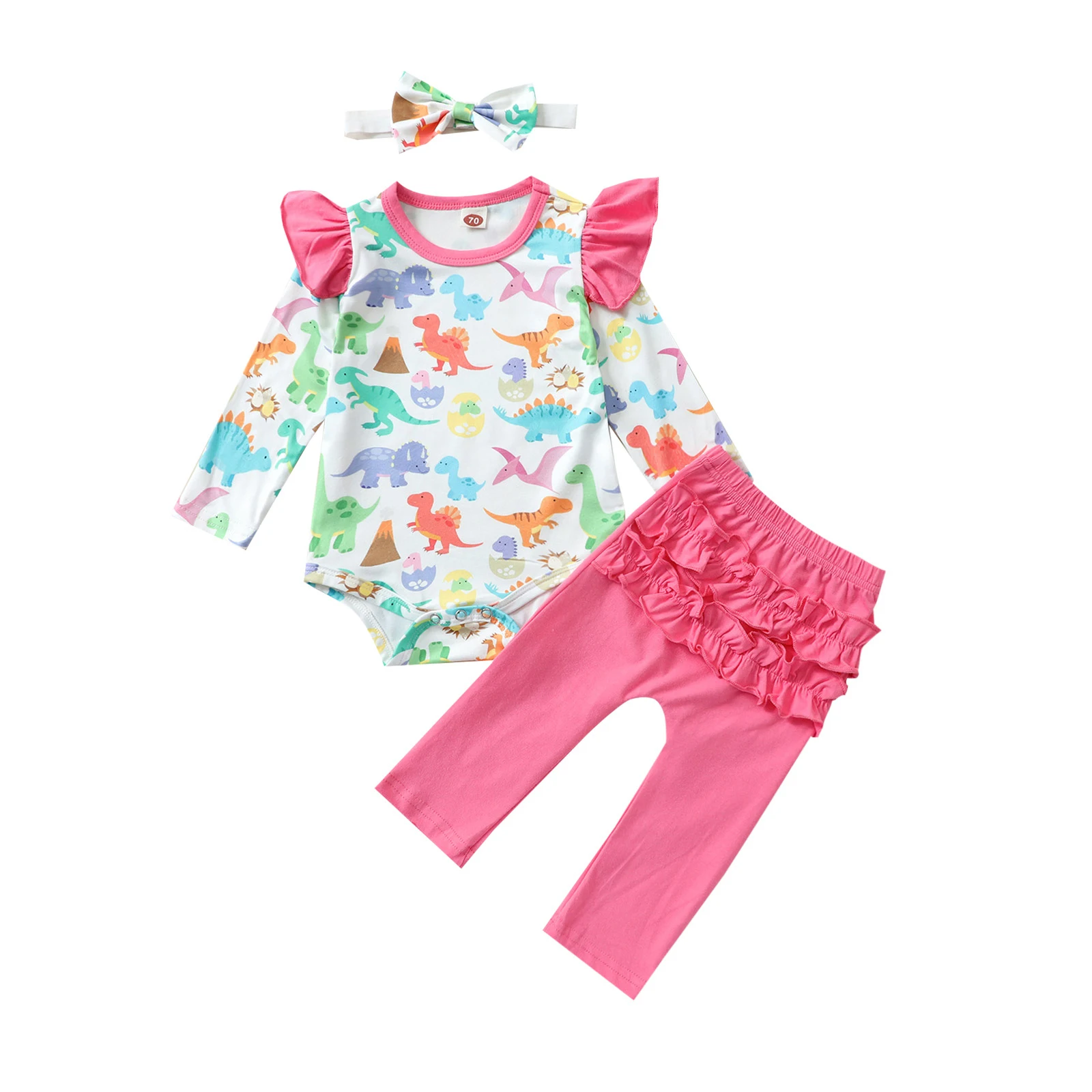 

Autumn Infant Baby Girls Clothes Set Dinosaur Printed Pattern Romper Solid Color Pants and Headdress Spring Set