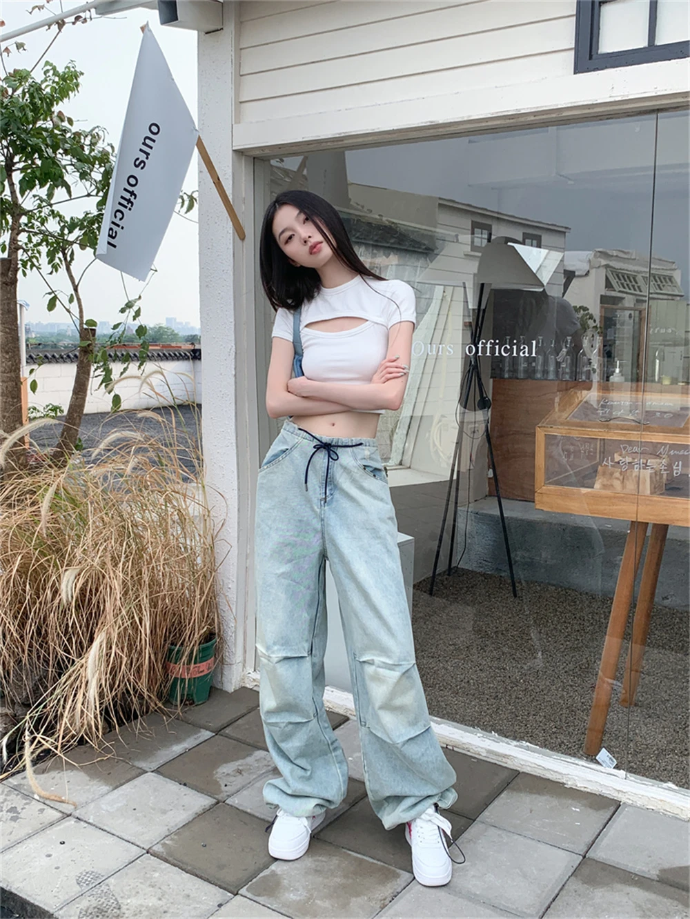 2023 New Spring/Summer Women's Retro Loose Relaxed High Waist Drawstring Slim Straight Leg Wide Leg Jeans