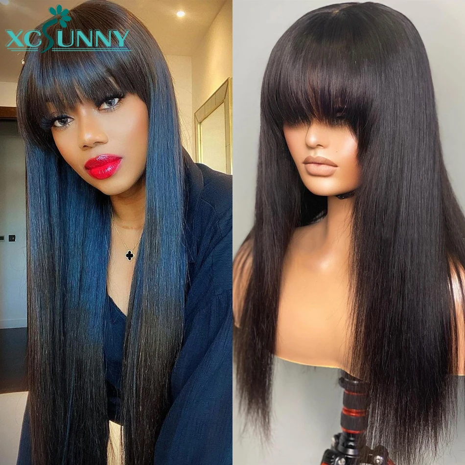 

Straight Human Hair Wigs With Bangs Glueless Remy Brazilian Full Machine Made O Scalp Top Human Hair Bang Wig For Women Xcsunny