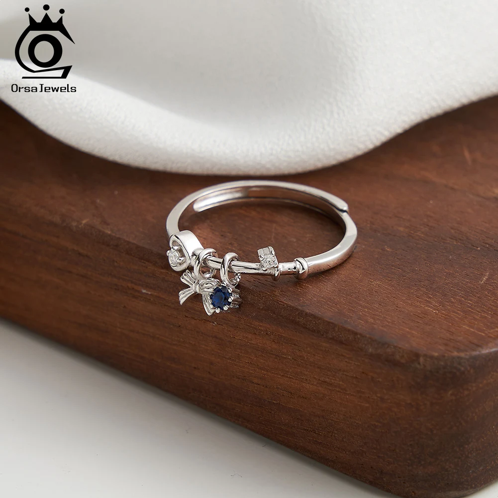 ORSA JEWELS Стерлингового Серебра 925 пробы CZ Подвеска с бантом Кольцо 14 К Золото Сапфир