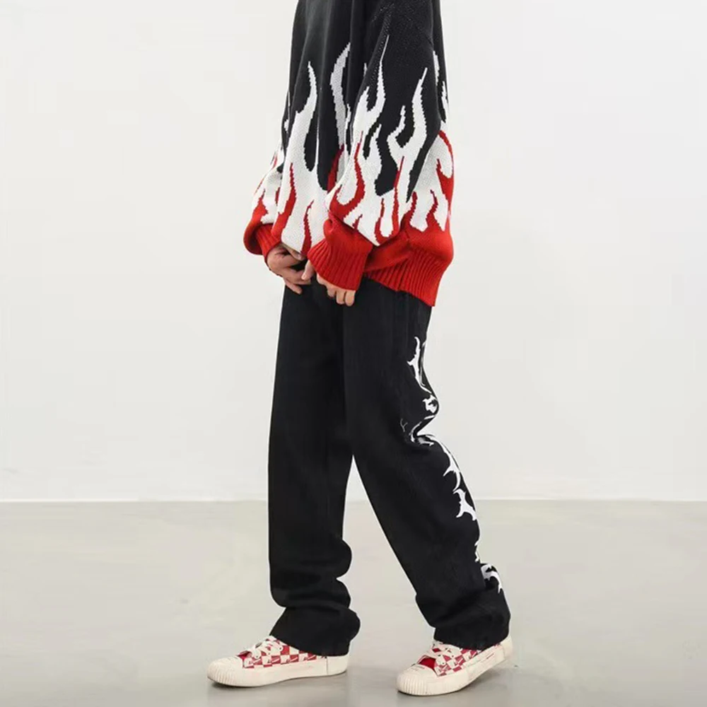 Men's Printed Pattern Straight Jeans 2023 New Fashion Trendy Brand Design Sense Long Pants Hip-Hop Street Wide-Leg Casual Pants