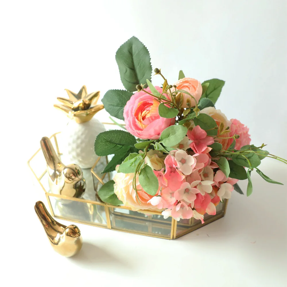 

4 Colors Silk Peony Hydrangea hybrid Artificial Flower Rose Peony Bridal Bouquet Wedding Decoration DIY Home