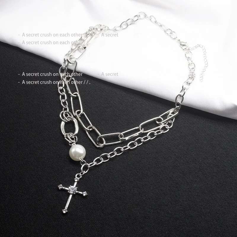 

2022 Exquisite Creative Punk Silver Color Cross Pearl Double Layer Necklace Hip Hop Rock Party Fashion Jewelry for Women Gifts
