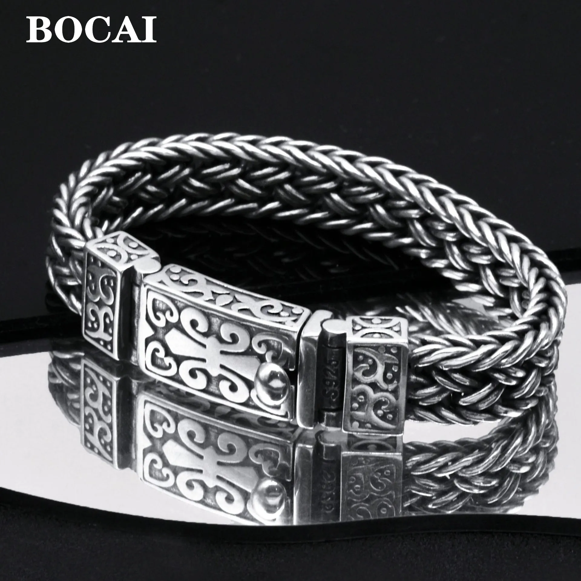 

BOCAI New Real S925 Silver Jewelry Vintage Punk Style Wide Version Rock Trend Woven Men Bracelet 11mm Button Fashion Gift
