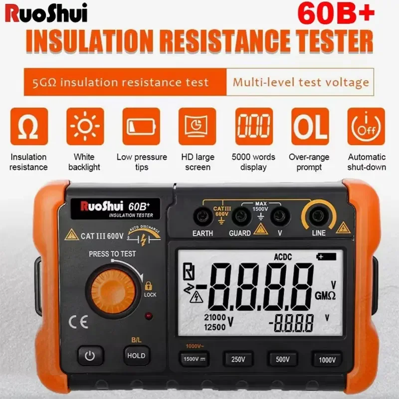 Ruoshui тестер сопротивления изоляции 60B + 1000 В мегомметр 5 ГОм омметр