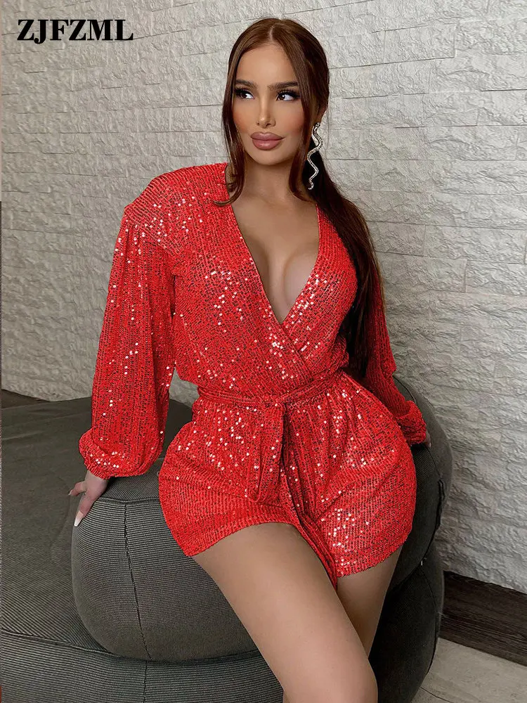 

Midnight One Piece Sparkle Sequin Playsuit for Women Deep V Neck Long Sleeve Short Bodysuits Night Out Clubwear Party Jump Suits