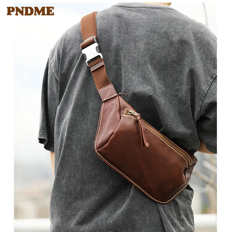 PNDME leisure outdoor travel luxury genuine leather men's chest bag simple real cowhide crossbody bag fashion retro shoulder bag