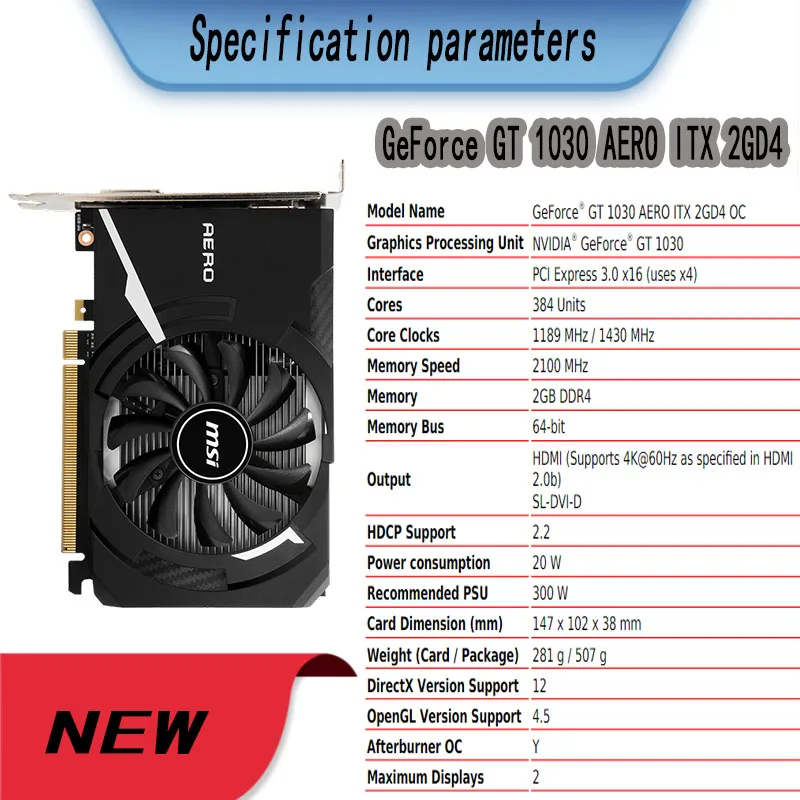 MSI GeForce GT 1030 AERO ITX 2GD4 NEW 14 нм 2 Гб GDDR4 64 бит видеокарты GPU графическая карта для