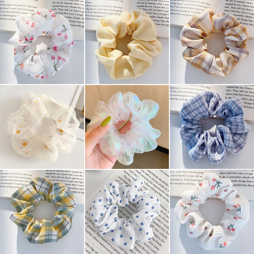 

2022 Summer Organza Silk Flower Plaid Dots Scrunchie Women Girls Ponytail Hair Ties Elastic Hair Rope Headwear Wholesale