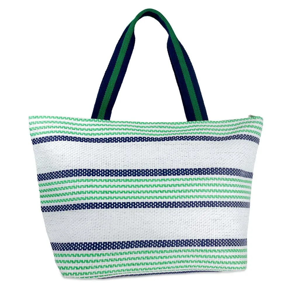 Women`s Striped Straw Tote Bag with FLAT Handle