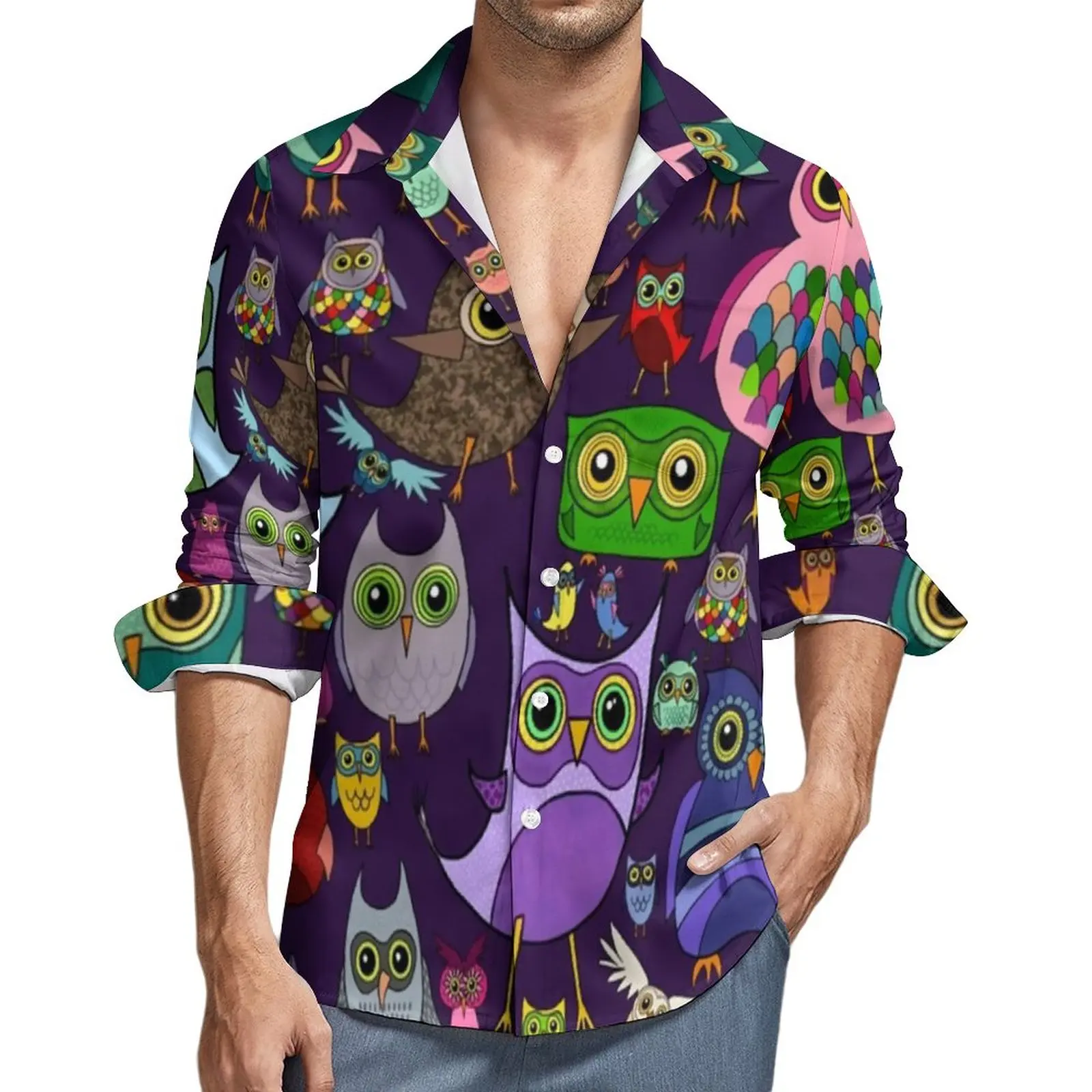 

Colourful Owls Street Style Casual Shirt Men Cute Owl Meme Shirt Spring Loose Blouses Long Sleeve Design Oversize Tops