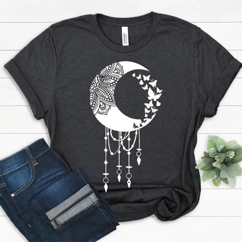 

Butterfly Moon Shirt Butterfly Dreamcatcher Shirts Mandala Tee Tribal Butterfly Tshirt Cotton O Neck Short-Sleeve women tops