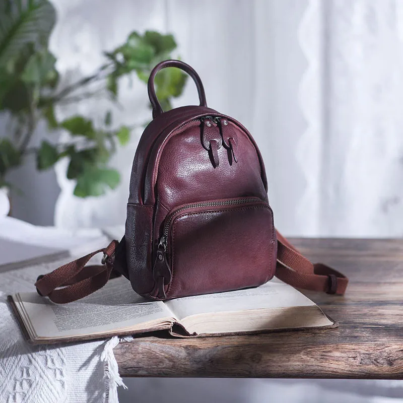 Retro Fashion Luxury Designer Natural genuine Leather Ladies Small Backpack Daily Outdoor Work Real cowhide Backpack Female
