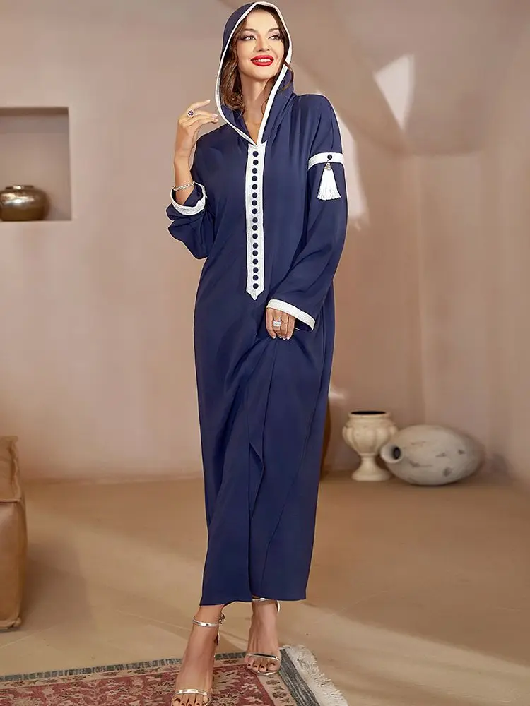 

Fashion Tassel Hooded Abaya Dubai Turkey Islamic Muslim Dress Women‘s Robe Femme Musulmane Caftan Marocain De Soiree Wy898