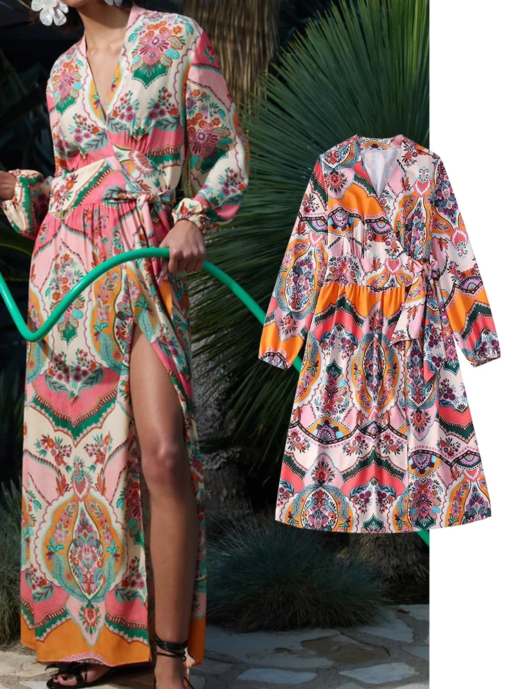 

TFMLN новые женские платья с запахом и принтом 2022 элегантное вечернее платье с коротким рукавом женское повседневное винтажное платье средне...