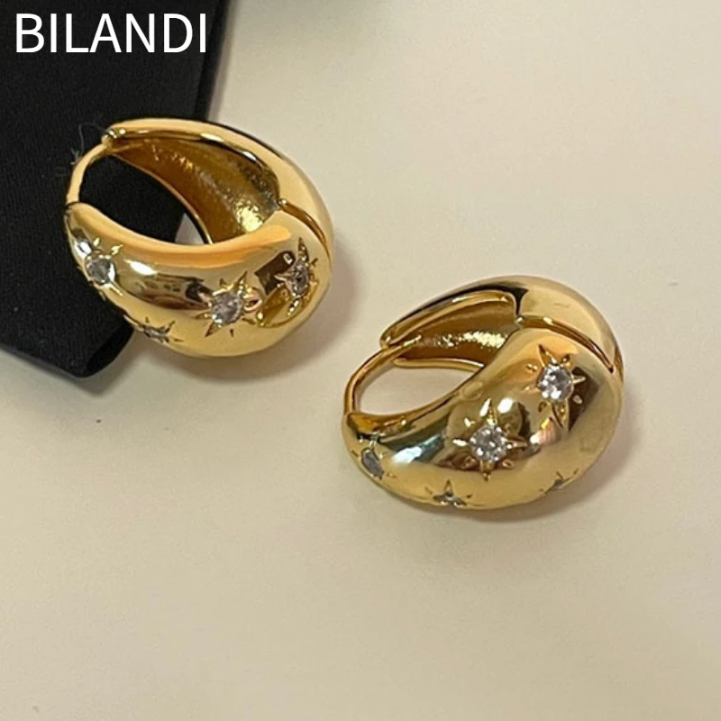 

Bilandi Modern Jewelry 2023 Trend New Shiny Glass Metal Gold Color Buckle Hoop Earrings For Girl Women Gift Fine Accessories