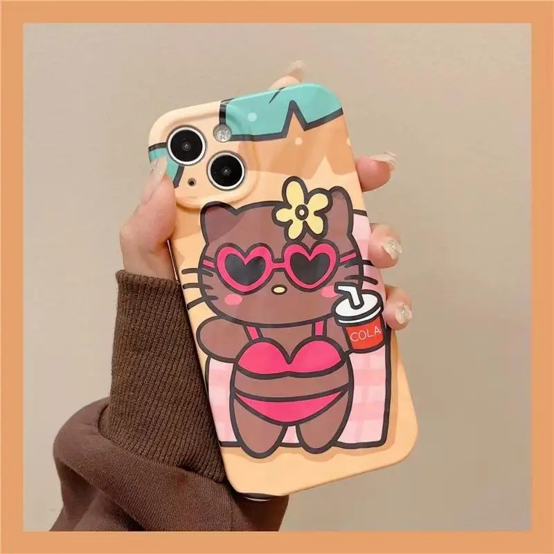 

Kawaii Hawaiian Black Skin Hello Kitty Suitable for Iphone 12 Case 13 14Promax Anime Cartoon Kt Cat Decoration Phone Accessories