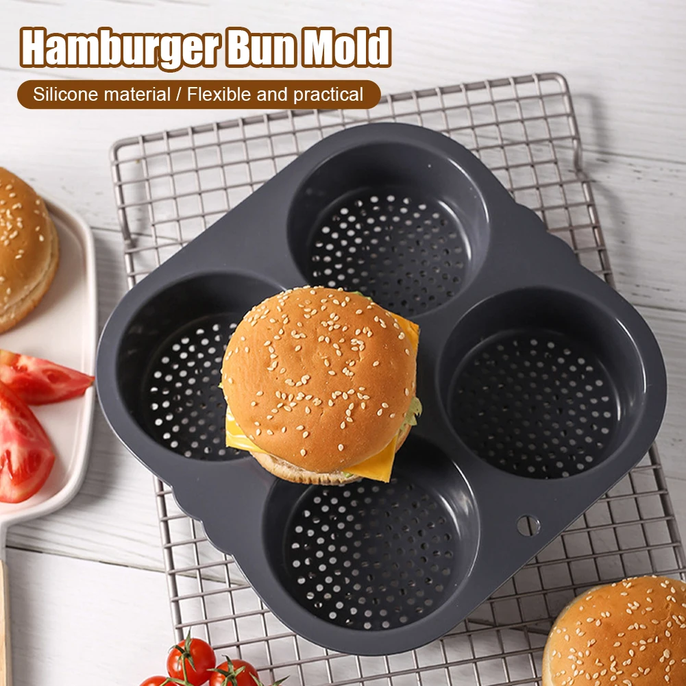 

1Pc Silicone Hamburger Bun Mold 4 Cavity Loaf Pan Non Stick Baking Moulds Muffin Cake Pastry Pan Tray Kitchen Bakeware