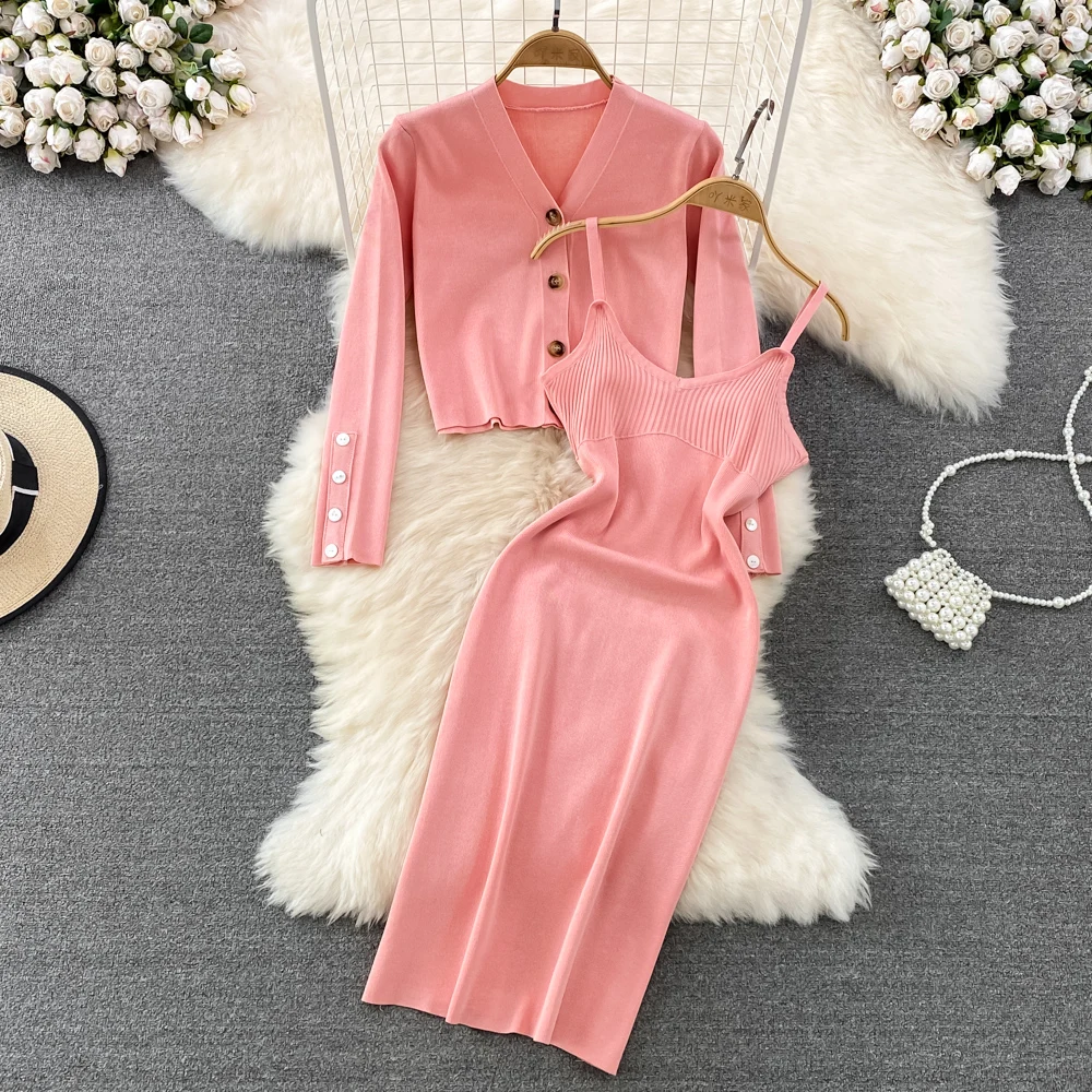 

Autumn Temperament V-neck Long-sleeved Single-breasted Knitted Cardigan Jacket 2-piece Set of Fashion Sling Bag Hip Dress Women