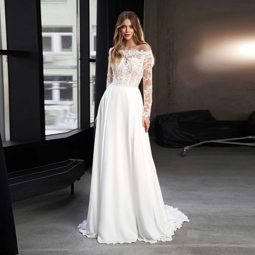 

Vintage Chiffon Wedding Dress For Bride Boat Neck Long Sleeve With Applique Lace Floor Length A Line Bridal Gown Robe De Mariee