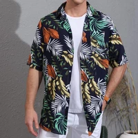 men shirt lapel neck short sleeve cardigan loose top blouse beach casual printed shirt for vacation