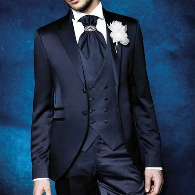 

2022 Navy Blue Formal Men Suit For Wedding 3 Pieces(Jacket+Pant+Vest+Tie) Latest Designs Slim Groom Blazer Custom Proom Men