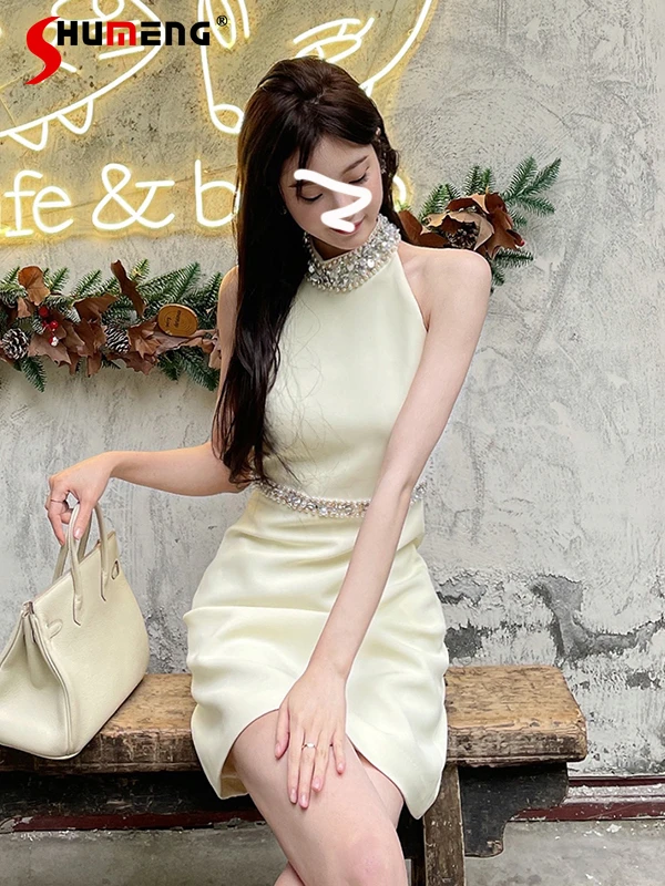 

Women's 2022 Summer New French Fashion Diamond Beaded Halter Sleeveless Dress Ladies Light Luxury Slim Waist Rhinestone Dress