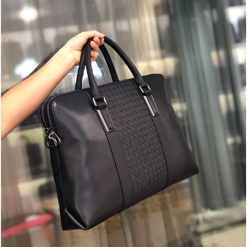 OYIXINGER High Grade Men's Briefcase For Men Handbag Soft Cow Leather Woven Business Office 15.6 Laptop Bag New Luxury Handbags