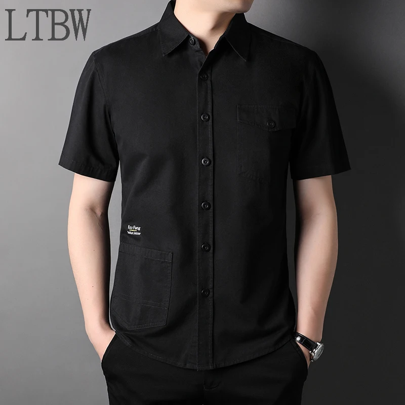 LTBW Fashion Workwear Men's Shirts Short Sleeves Casual Cotton Shirts With Pockets