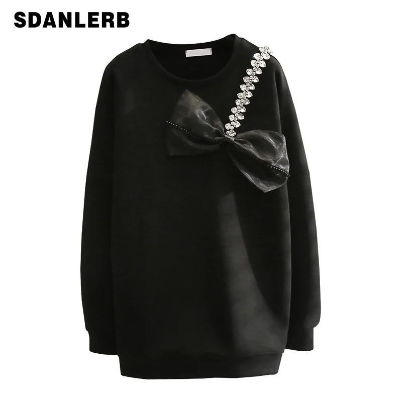 

2022 Korean Style Beaded Drill Chain Bow Pullover Sweatshirt Women's Autumn Solid Color Mid-Length Long Sleeve Loose Hoodies