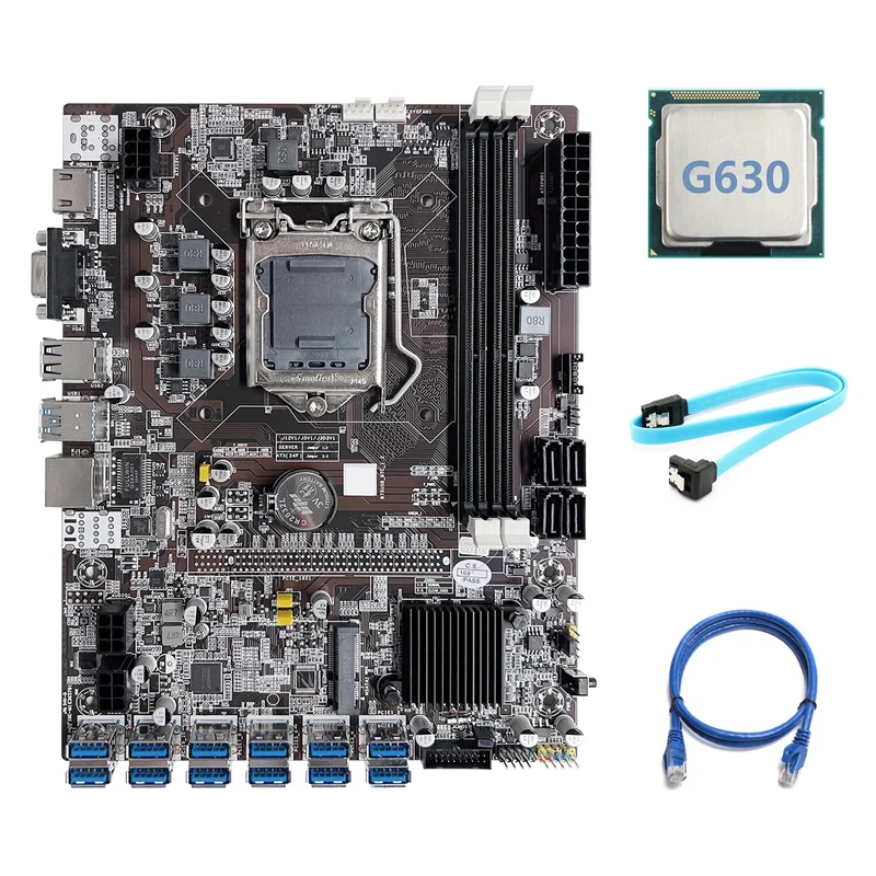 

B75 ETH Mining Motherboard 12 PCIE To USB LGA115 Black Motherboard+G630 CPU+SATA Cable+RJ45 Network Cable