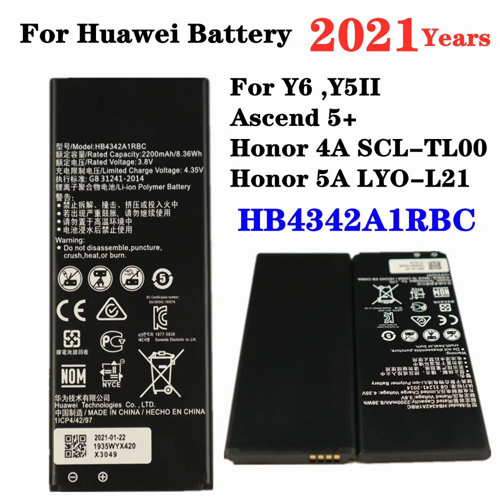 

2021 Ascend 5+ Battery 2200mAh HB4342A1RBC For Huawei Y6 Y5II Y5 II 2 Honor 4A SCL-TL00 Honor 5A LYO-L21 Mobile Phone Battery