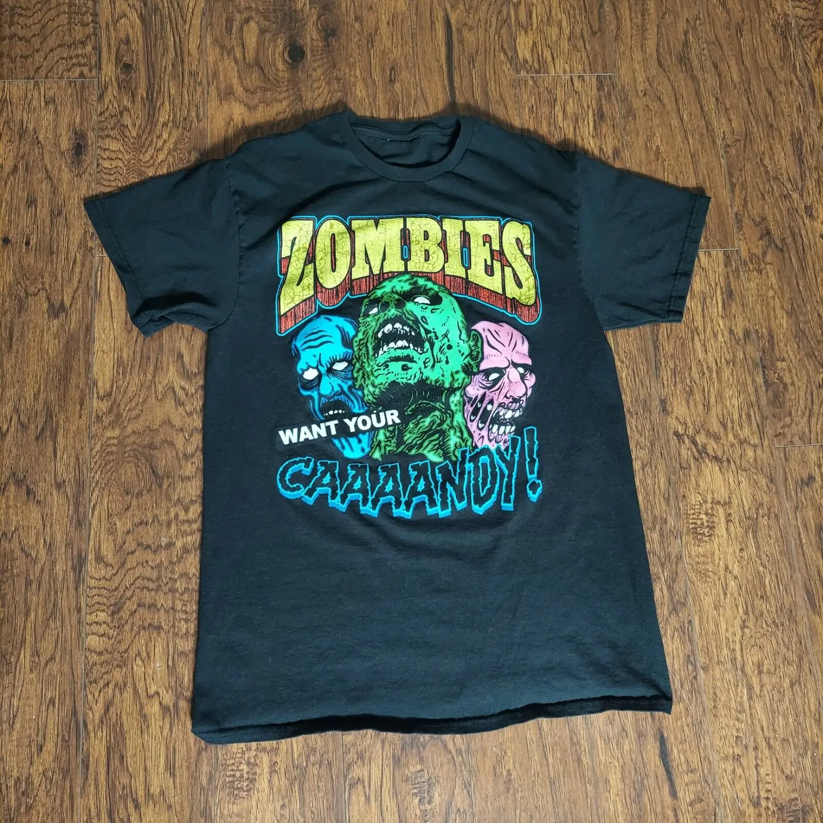 Нефирменная черная хлопковая смешная футболка с коротким рукавом ZOOMBIES WANT YOUR CANDY