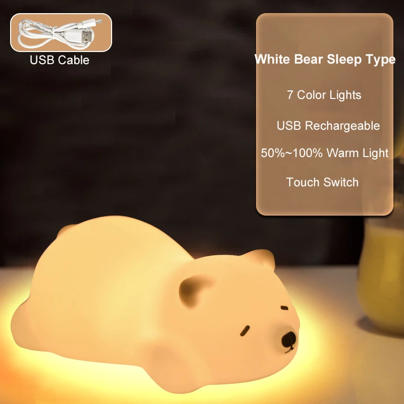 Мягкий светодиодный ночник с белым медведем силиконовый USB-светильник для