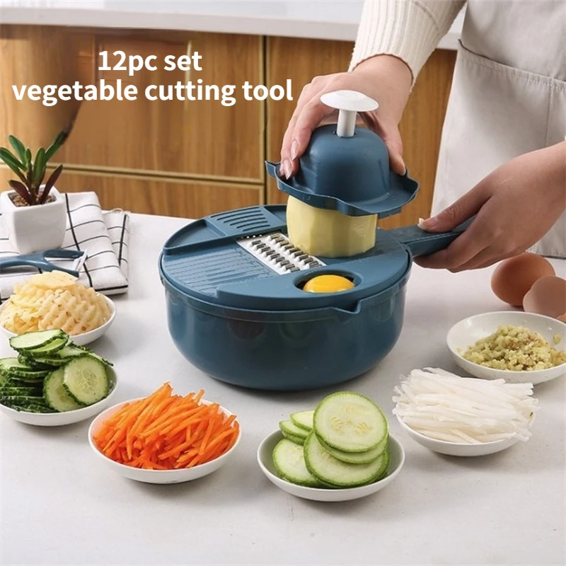 

Kitchen Multi-Function Vegetable Chopper 12pc Set Potato Radish Shredding and Slicing Grater with Hand-Guard Salad Kitchenware