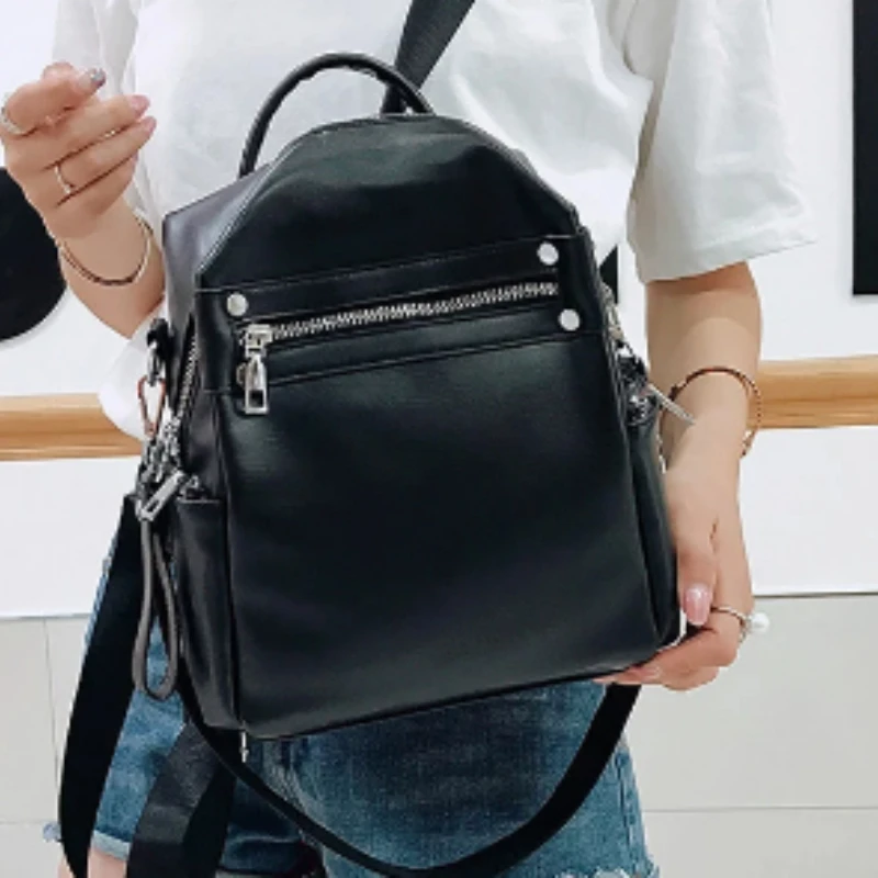 Fashion Versatile Soft Leather Personalized Schoolbag Casual One Shoulder Backpack