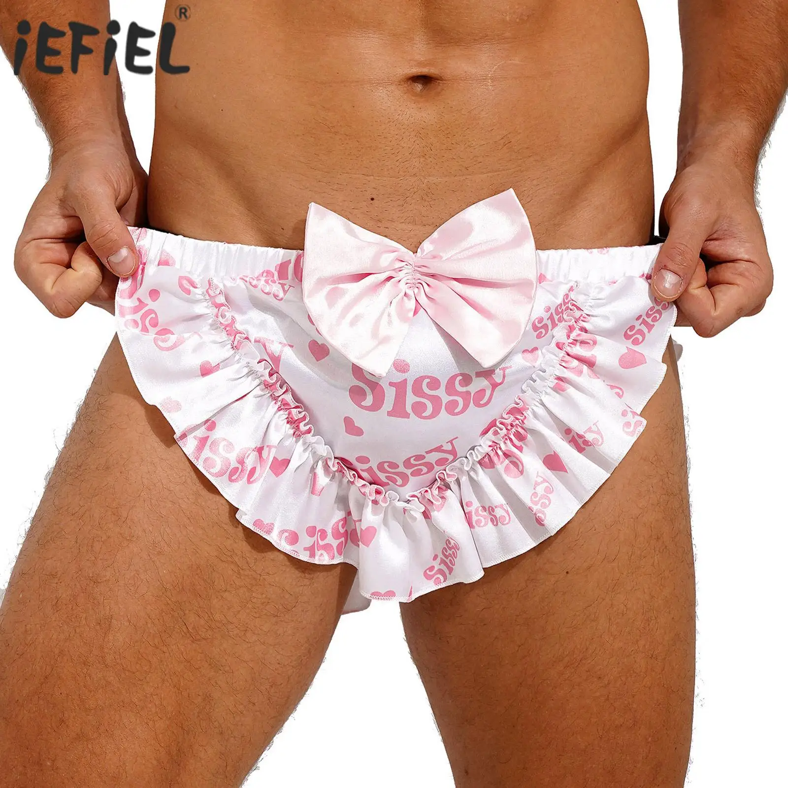 

Mens Smooth Satin Bowknot Ruffled Briefs Crossdresser Sissy Maid Cosplay Underwear Letter Print Ruched Back Underpants