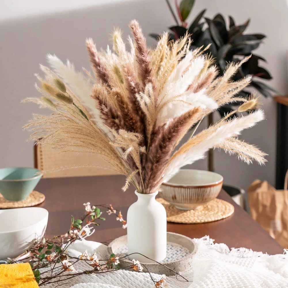 

120 Pcs Pampas Grass for Boho Home Room Decor Natural Brown Fluffy Pampas Dried Flowers for Western Modern Bedroom Table Decor