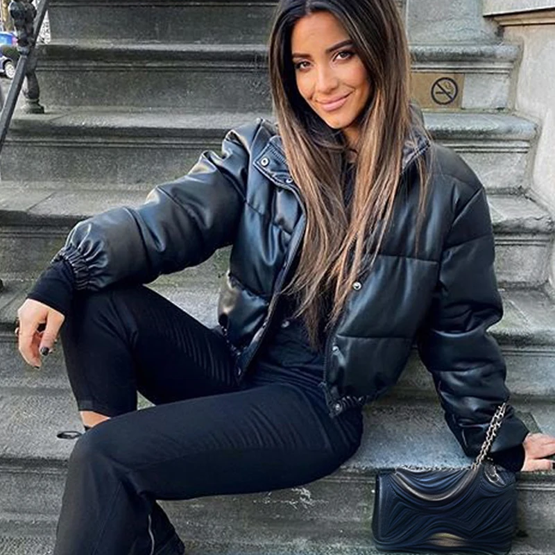 WeiYao Winter Thick Warm Short Parkas Women Fashion Black PU Leather Coats Women Elegant Zipper Cotton Jackets Female Ladies