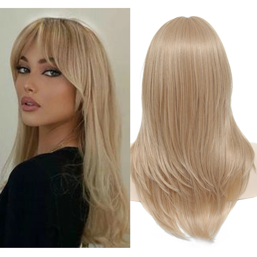 

Synthetic Wig with Bangs Honey Blonde Wavy Wigs for Woman Girls Daily Cosplay Party False Hair Heat Resistant Fiber