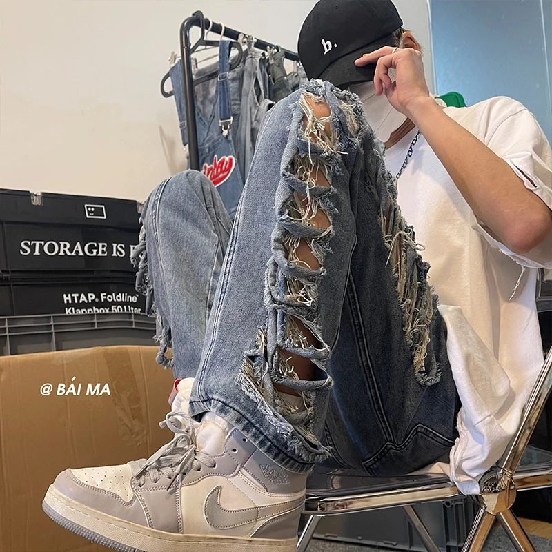 

High Street Side Hole Ripped Jeans Male Ins Tide Hip-hop Wide-leg Pants Summer Thin Straight Loose Casual Pants Plus Size 2XL-M