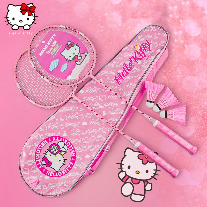 

New Anime Kawaii Sanrio Hello Kitty Badminton Racket Set Girl Heart Pink Aluminum Alloy Sports Equipment Children's Day Gift
