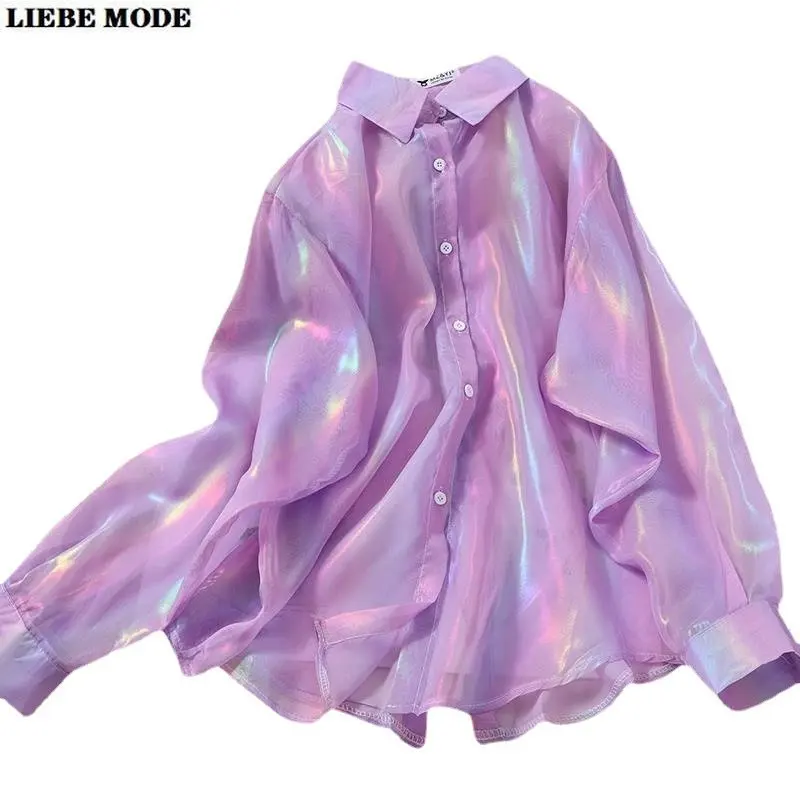 

Women Summer Long Sleeve Chiffon Shirts Button Down Shiny Blouse Tops Female Sparkles Sunproof Shirts Fashion Blusas Mujer