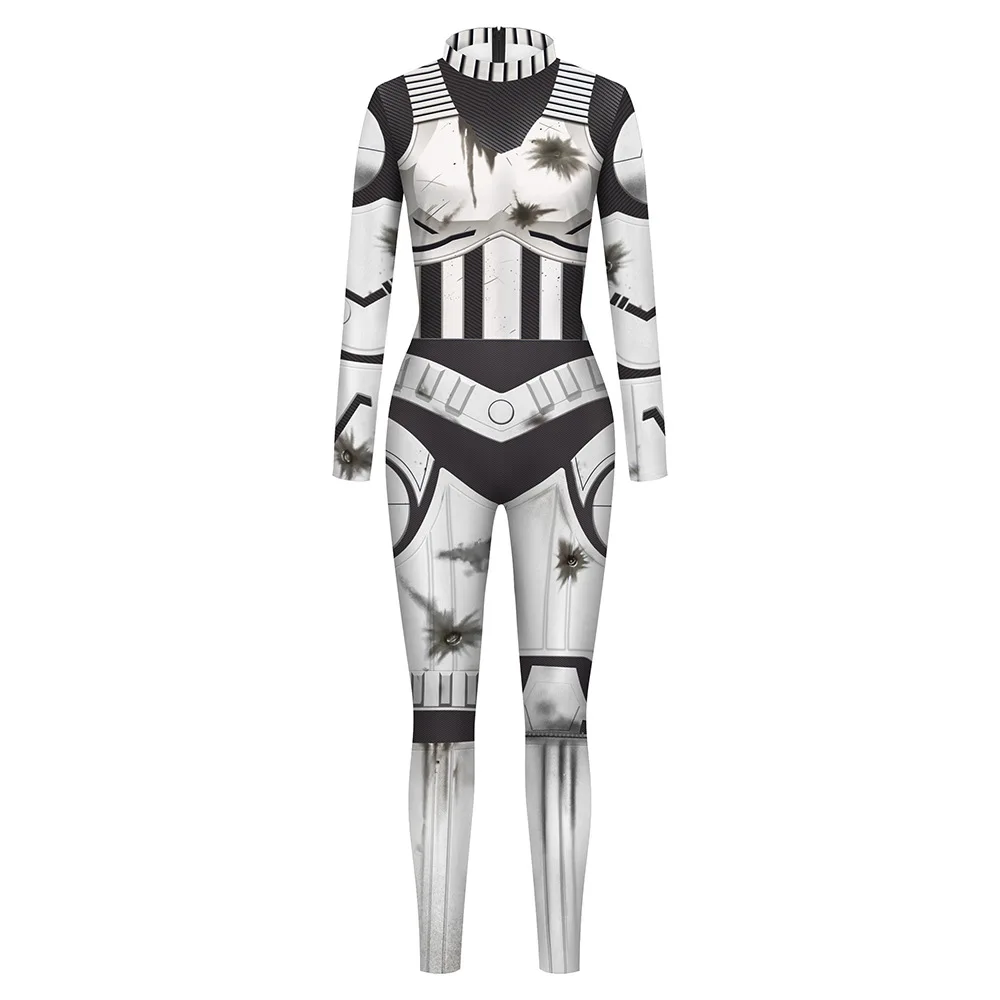 

Women Men Future Robot White Soldier Punk 3D Print Jumpsuit Tight Bodysuit Halloween Party Cosplay Costumes Dress Up Outfit
