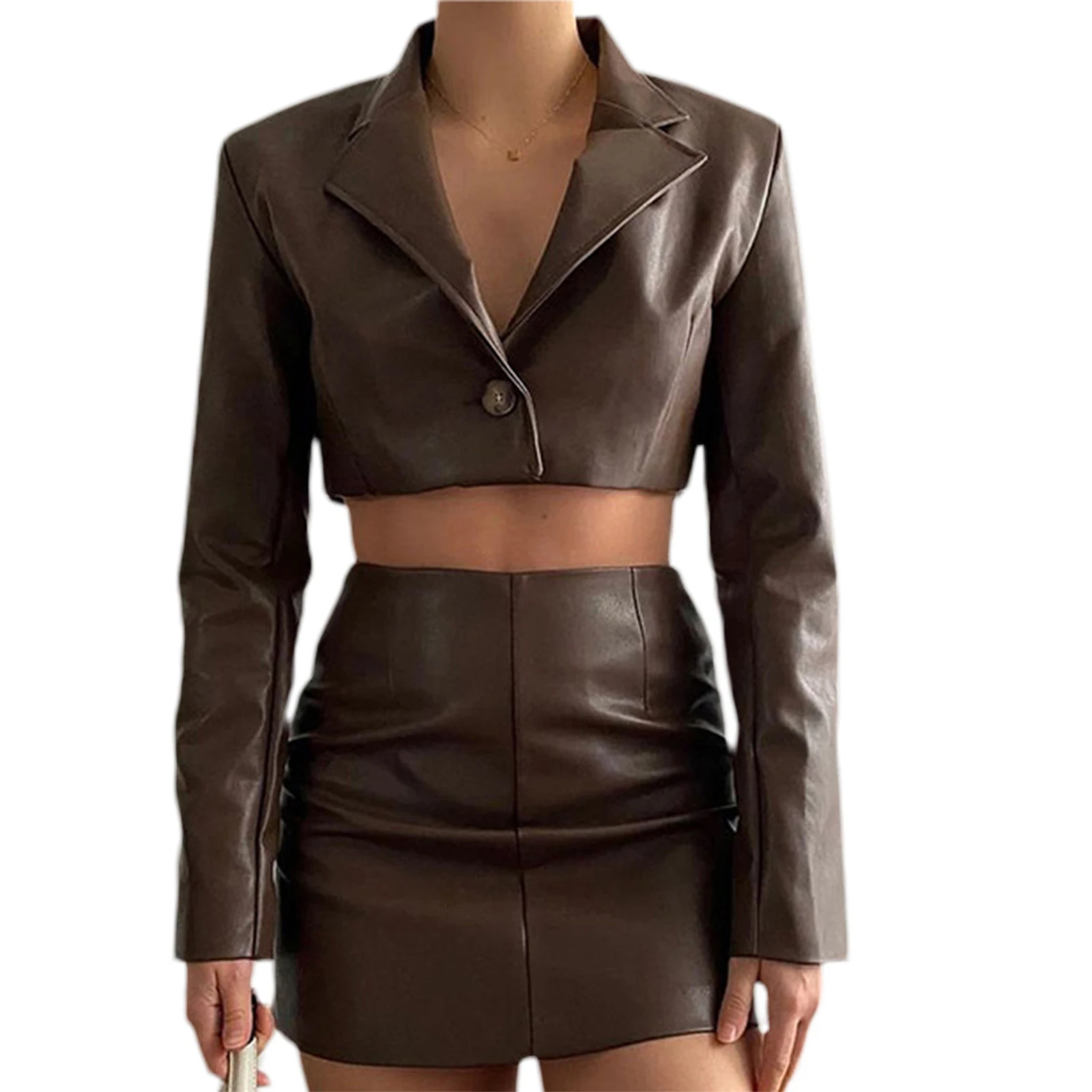 

2 Pcs Women Solid Color Outfits Adults Long Sleeve Tailored Collar Cropped Blazer + Skirt
